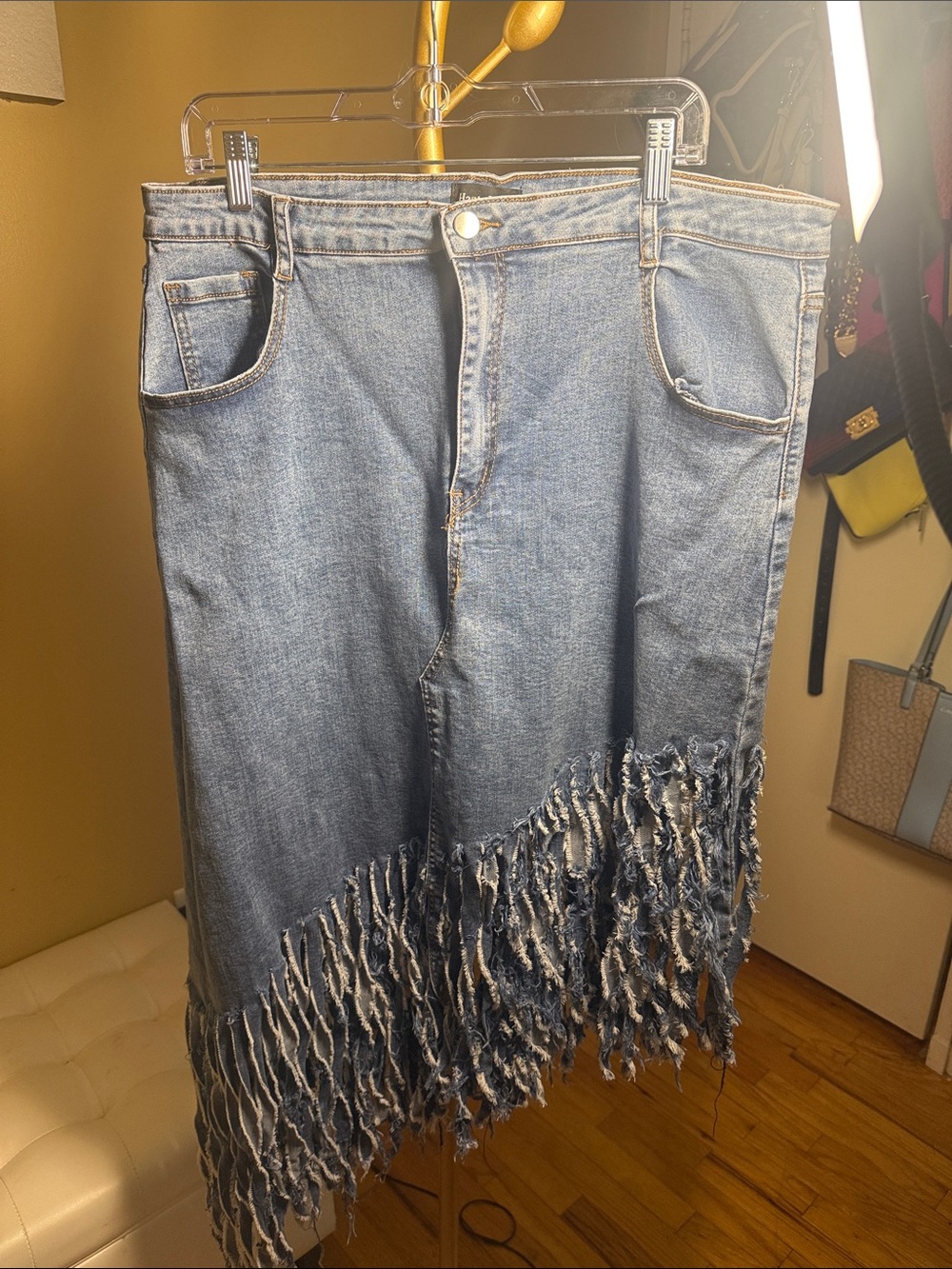 Denim Fringe Midi Skirt - Blue